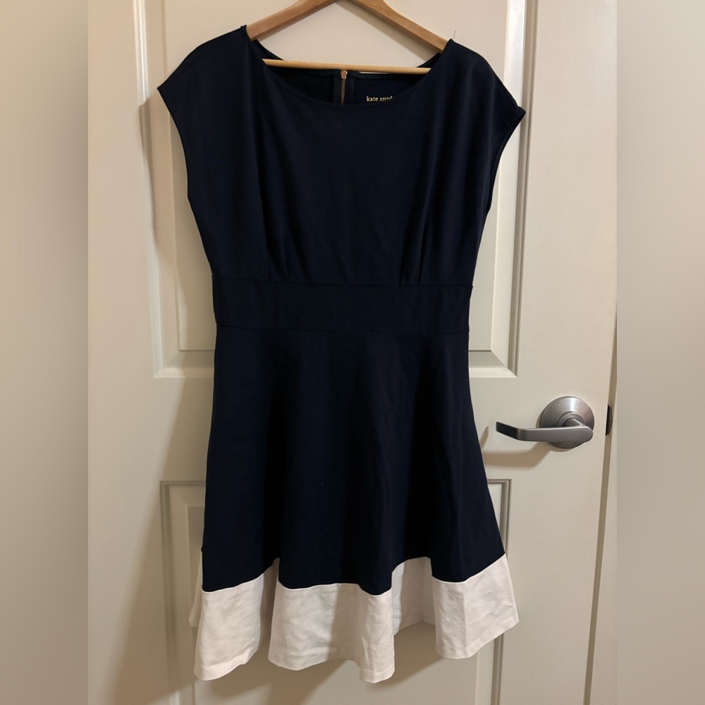 Kate Spade Colorblock Ponte Fiorella mini dress in navy blue and white, classic